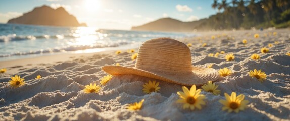 Wall Mural - Hat and Flowers on Sandy Beach at Sunset with Ocean Waves and Palm Trees.