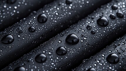 Poster - Closeup of radiant water droplets glimmering on a sleek black surface reflecting light
