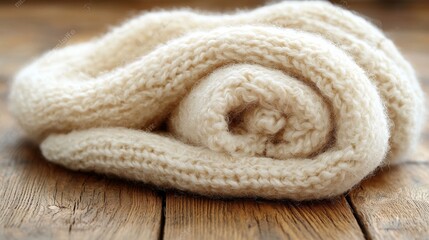 Poster - Soft white knitted blanket laying comfortably on a rustic wooden floor
