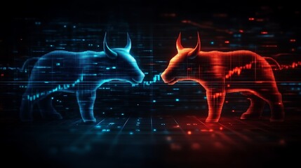 Poster - Dual Bull Stock Market Digital Graphic Showing Financial Data and Trading