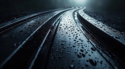 Poster - A wet road surface covered in raindrops reflecting light and enhancing the mood of a stormy day