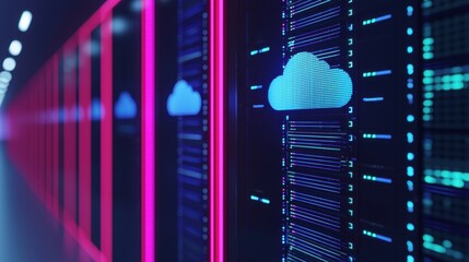 Poster - A futuristic data center with illuminated servers and cloud icons, showcasing advanced technology and cloud computing.
