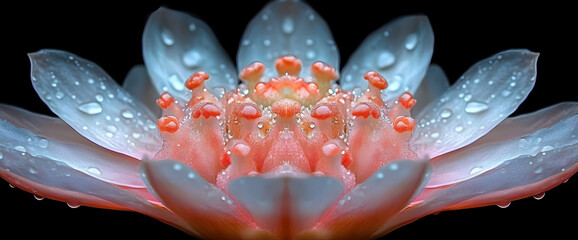 Wall Mural - Detailed Close Up Of A Pink And White Flower With Water Droplets On A Black Background