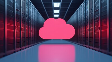 Poster - A modern data center corridor featuring a large pink cloud symbol, emphasizing cloud computing and digital technology.