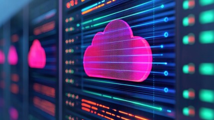Poster - A vibrant digital representation of a cloud on a data server, showcasing technology and data visualization in a modern, tech-driven environment.