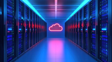 Poster - A futuristic data center corridor illuminated with blue and red lights, featuring server racks and a glowing cloud symbol.
