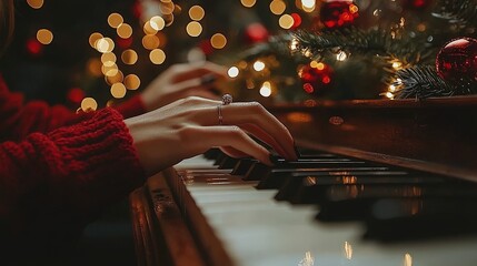 Poster - A joyful woman playing piano in front of a beautifully decorated christmas tree filled with lights