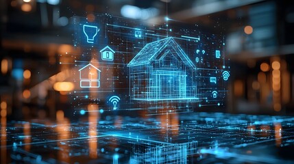 Poster - Holographic display showcasing the connectivity and of various smart home devices highlighting the futuristic potential of home automation technology and intelligent systems