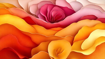 Poster - Abstract floral design with layered paper effect in shades of pink, orange and yellow
