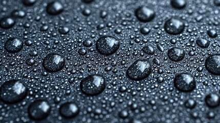 Poster - Closeup of water droplets collecting on a smooth black surface creating stunning patterns