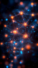 Poster - Complex Abstract Network of Glowing Orange and Blue Nodes on Dark Background