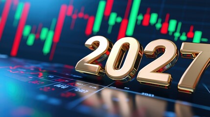 Poster - A futuristic financial graphic featuring the year 2027 in gold, set against a background of fluctuating stock market charts.