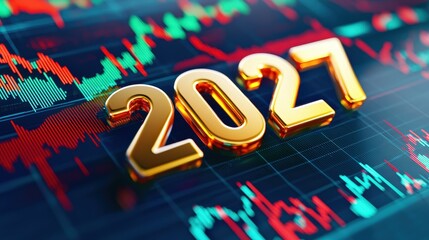 Poster - A vibrant digital display featuring the year 2027 in gold, surrounded by colorful financial charts and data trends.