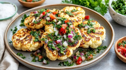 Wall Mural - plant based dishes organic low calorie concept. Golden-brown cauliflower patties topped with fresh herbs, onions, and diced tomatoes, served on a grey plate with sides of salsa and chopped greens.