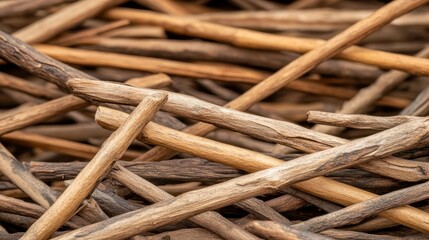 Wall Mural - Close-up view of assorted wooden sticks arranged in a natural pattern on a surface