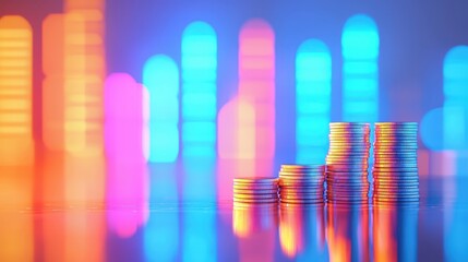 Poster - A vibrant display of stacked coins against a colorful backdrop, representing finance, growth, and investment in a digital age.