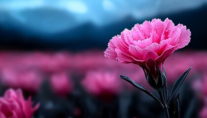 Wall Mural - A pink flower with water droplets on it in a field of pink flowers