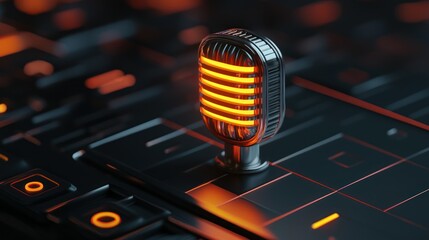 Aufkleber - A 3D-rendered podcast icon with metallic accents, floating on a dark background. 