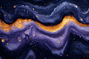 Poster - abstract wavy texture with golden glitter swirls and fluid purple background