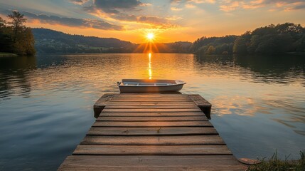 Wall Mural - A serene boat rests gently on the dock at the lake, surrounded by calm waters and natural beauty, inviting tranquility and exploration.