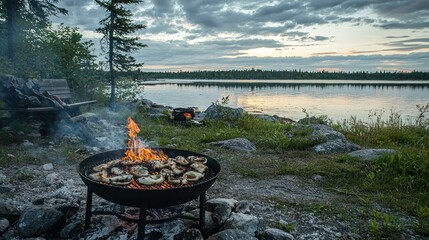 Poster - A camping setup with grilled seafood being prepared over a fire pit, surrounded by scenic wilderness. 