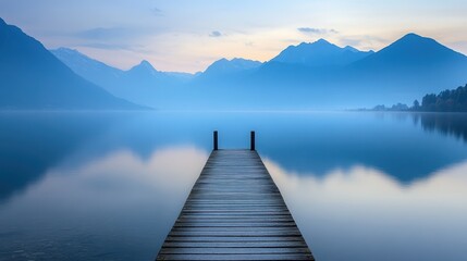 Wall Mural - A serene dock extends into a tranquil lake, framed by majestic mountains, showcasing a picturesque natural landscape.