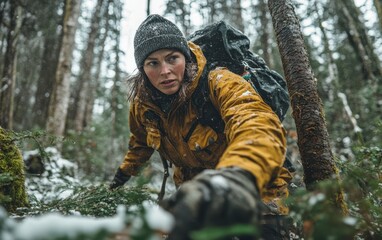 Sticker - A woman wearing a yellow jacket and black hat hikes through a lush green forest, enjoying the serenity of nature and the adventure of exploration.