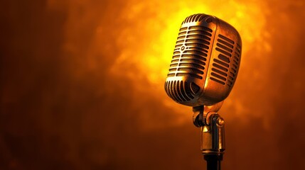 Poster - A classic studio microphone on a stand, illuminated by warm studio lighting. 