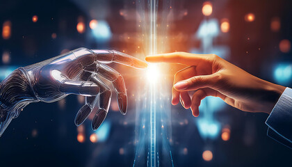 businessman hand and ai robot hand with binary code