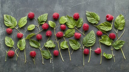 Poster - A cluster of raspberries with green leaves for contrast, arranged neatly on a plain surface. 