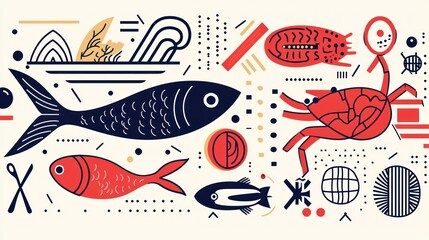 Poster - A clean vector illustration featuring a variety of seafood items, such as fish, shrimp, crab, and clams, in bold outlines and flat colors. 