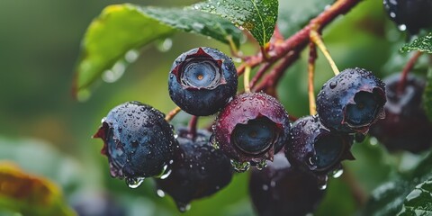 Poster - A cluster of ripe blueberries, dewy and fresh, with a focus on their rich texture. 