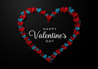  Valentine's Day greeting card, large heart shape composed of smaller red and blue paper hearts, black background, elegant white cursive text, 3D paper craft effect