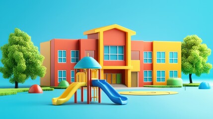Poster - A colorful 3D illustration of a school building with a playground in front 