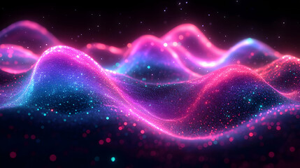 Wall Mural - Abstract Wavy Particle Surface in Blue and Pink with Glowing Lights and Black Background