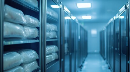 Poster - A commercial freezer in a seafood processing plant storing large amounts of frozen fish and shellfish. 