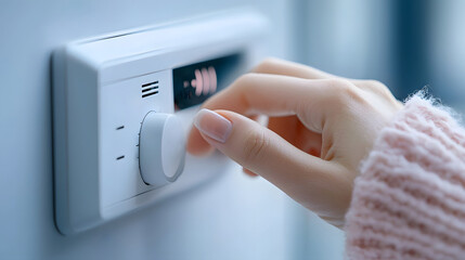 Poster - Close up view of a person s hand adjusting a smart home device through voice command demonstrating the convenience and automation of modern home management systems