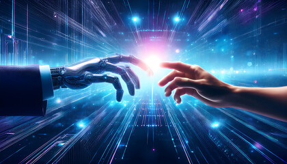 businessman hand and ai robot hand with binary code