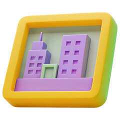 Poster - 3D Render of a Cityscape Icon Featuring Pastel Buildings and a Yellow Frame on Transparent