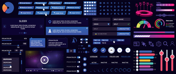 Fototapete - Set of buttons and interface elements for mobile apps and websites. Modern design for navigation, control and user interaction. Includes templates, menus, panels and icons