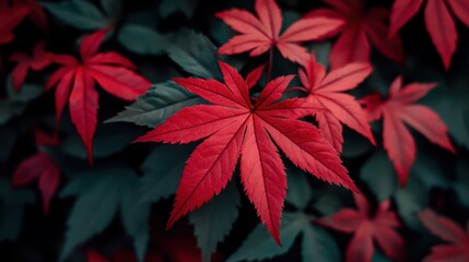 Wall Mural - Vibrant red leaves contrast beautifully with dark green foliage, showcasing the unique color palette of this stunning plant species.