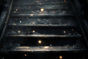 Poster - moody wooden steps ascending with golden starry lights in a dark background