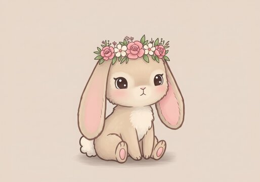 Cute cartoon bunny, pastel colors, big floppy ears, flower crown, kawaii style, soft texture, beige fur, pink accents, simple background, children's illustration