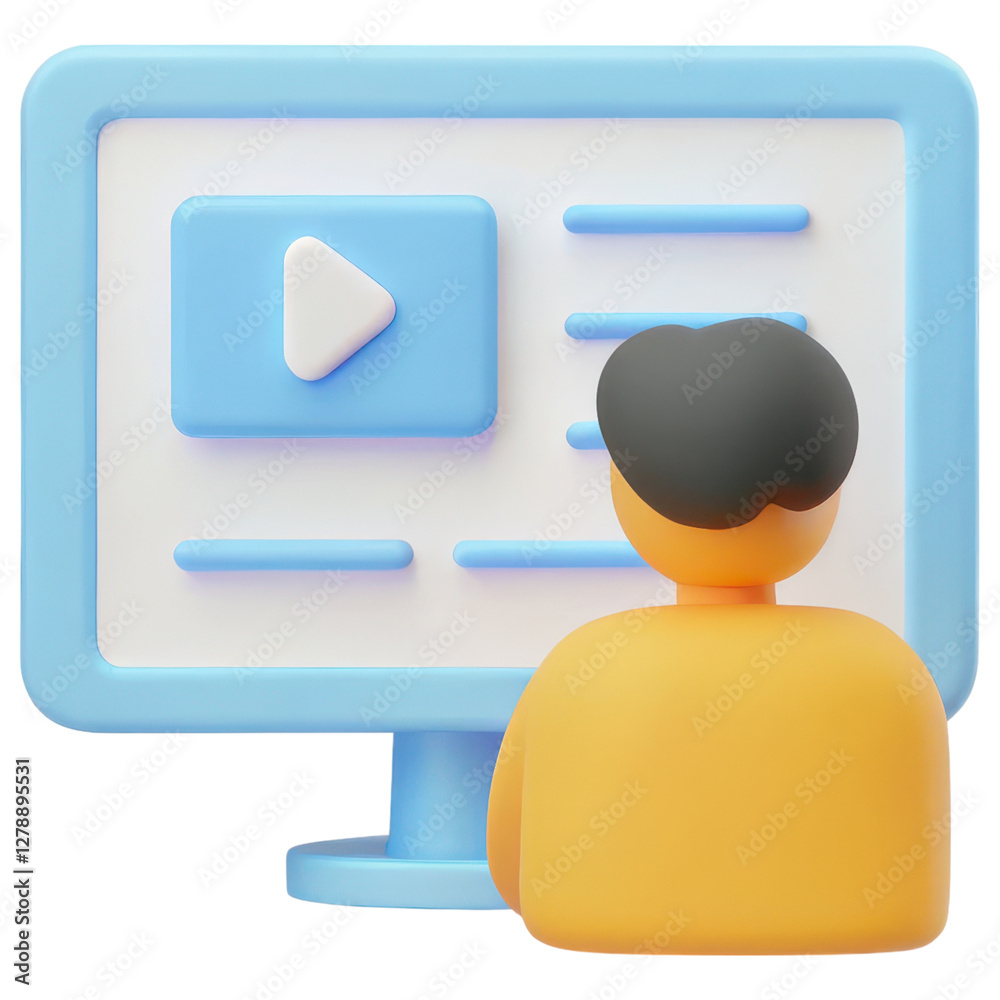 Cartoon Young Boy Watching Video Tutorial on Computer Screen in ...