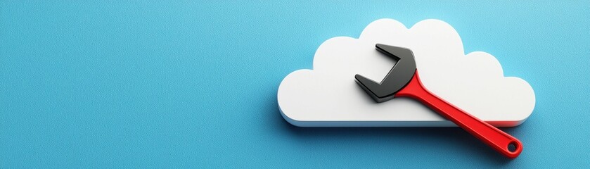 Poster - Cloud system service provider. Cloud with a wrench, symbolizing maintenance or repair in a digital context.