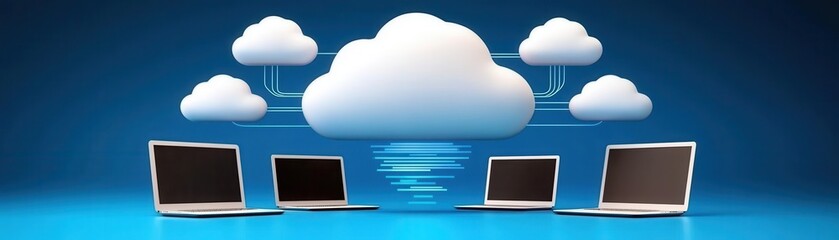 Poster - Cloud system service provider. Cloud computing concept with laptops connected to digital clouds on a blue background.