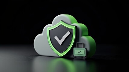 Fototapete - Cloud system service provider. Cloud security icon featuring a shield and checkmark in a modern design.