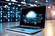 © Gibster - Cloud system service provider. A laptop displaying a cloud symbol, representing cloud computing technology in a data center.