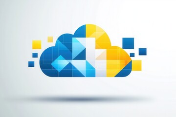 Poster - Cloud system service provider. Abstract cloud icon composed of colorful geometric shapes in blue and yellow hues.