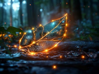 Aufkleber - Glowing Circuit Board Leaf Illuminates Forest Digital Art Nature Serene Close-up Fusion of Technology and Nature